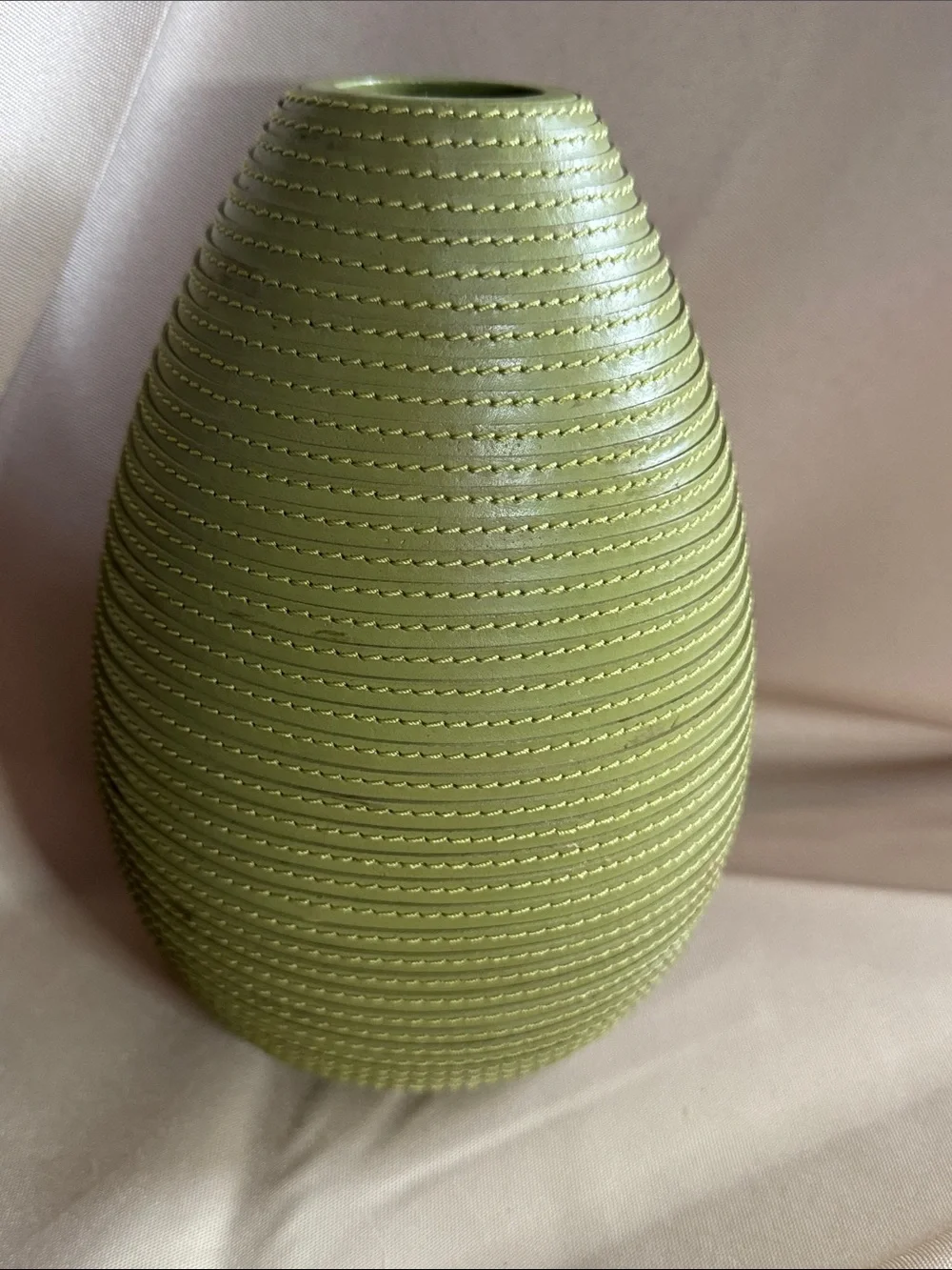 Vintage Crate & Barrel Green Leather Wrapped Teardrop Vase Ribbed MCM Accent
